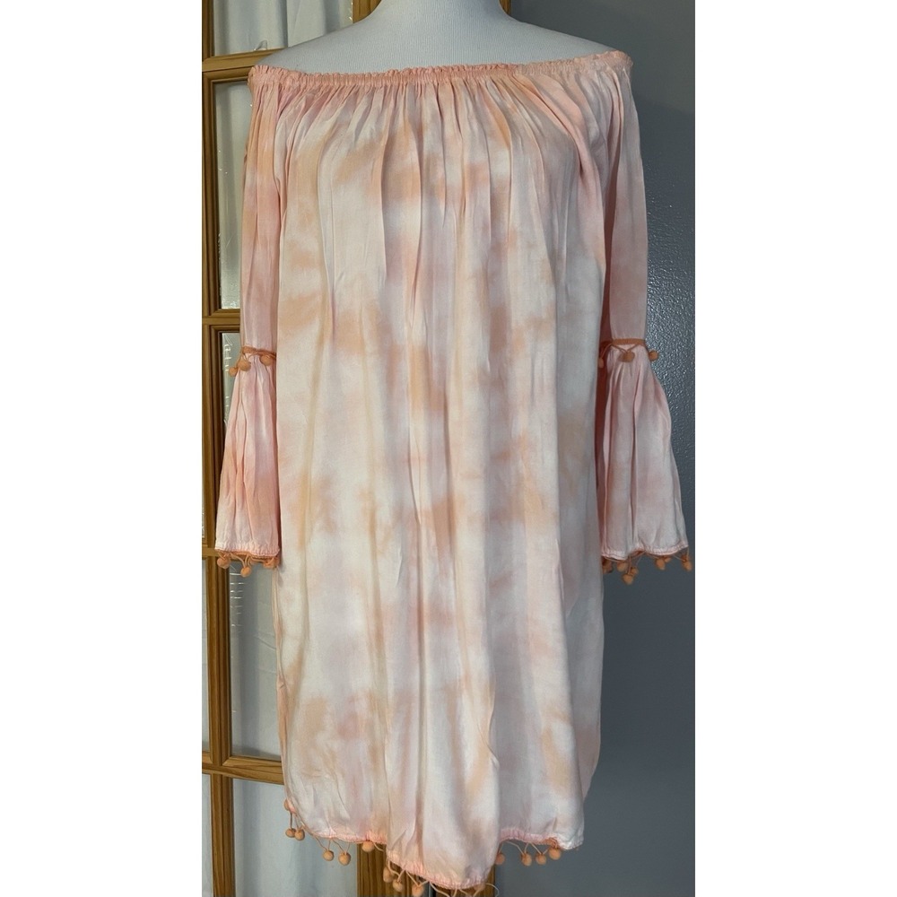 Ace Fashions Off The Shoulder Mini Dress OS Tie Dye Peach Pom Pom Fringes Boho